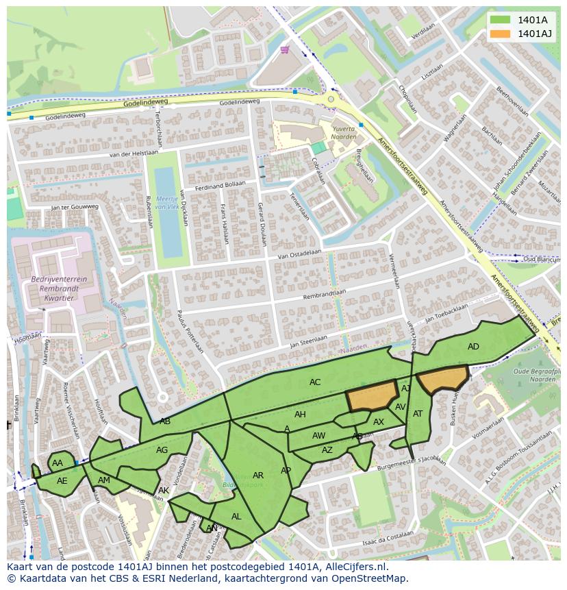 Afbeelding van het postcodegebied 1401 AJ op de kaart.