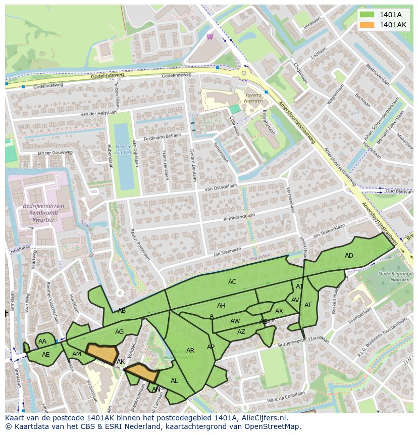 Afbeelding van het postcodegebied 1401 AK op de kaart.