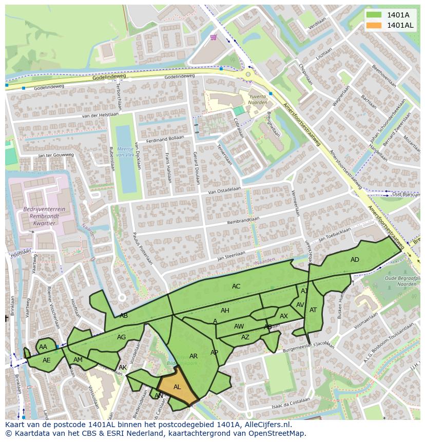 Afbeelding van het postcodegebied 1401 AL op de kaart.
