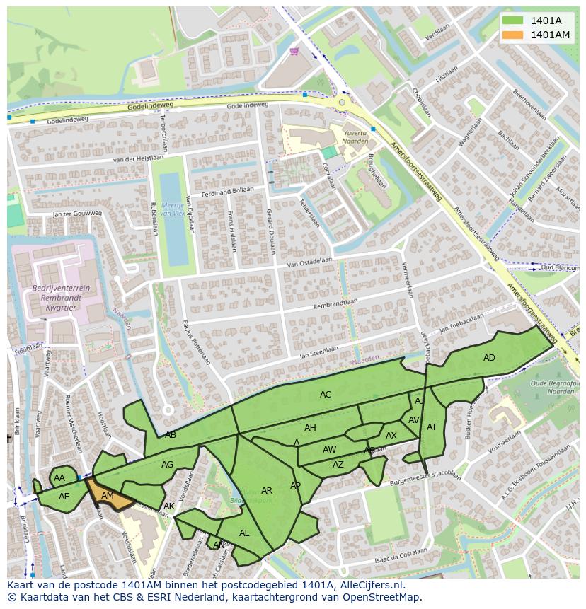 Afbeelding van het postcodegebied 1401 AM op de kaart.
