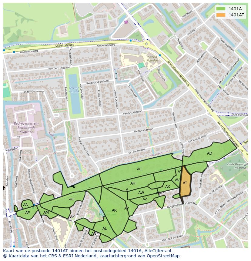 Afbeelding van het postcodegebied 1401 AT op de kaart.