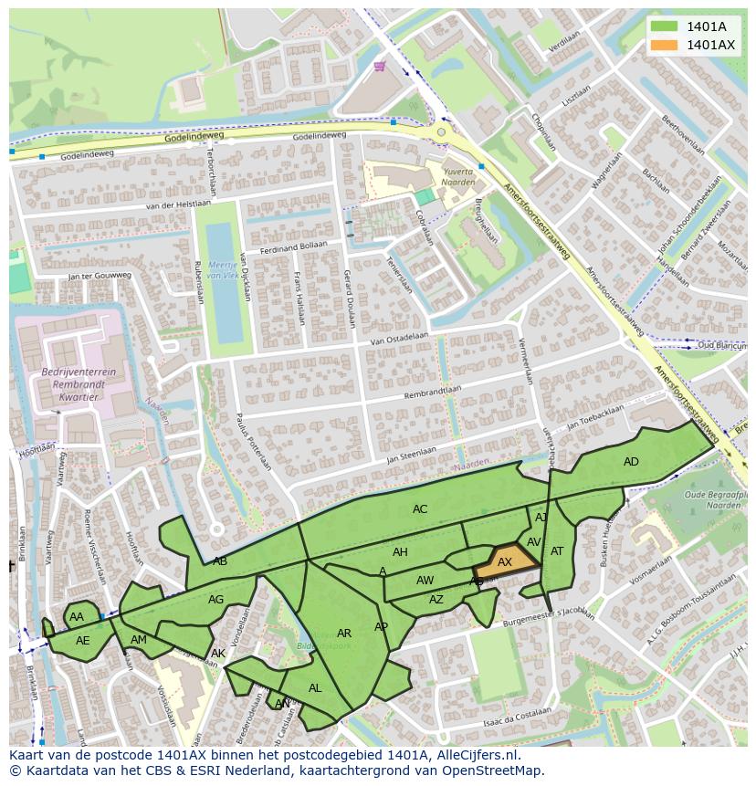 Afbeelding van het postcodegebied 1401 AX op de kaart.
