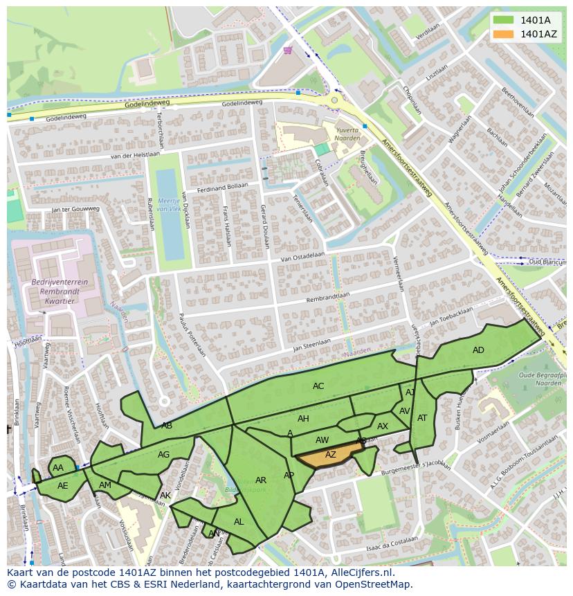 Afbeelding van het postcodegebied 1401 AZ op de kaart.