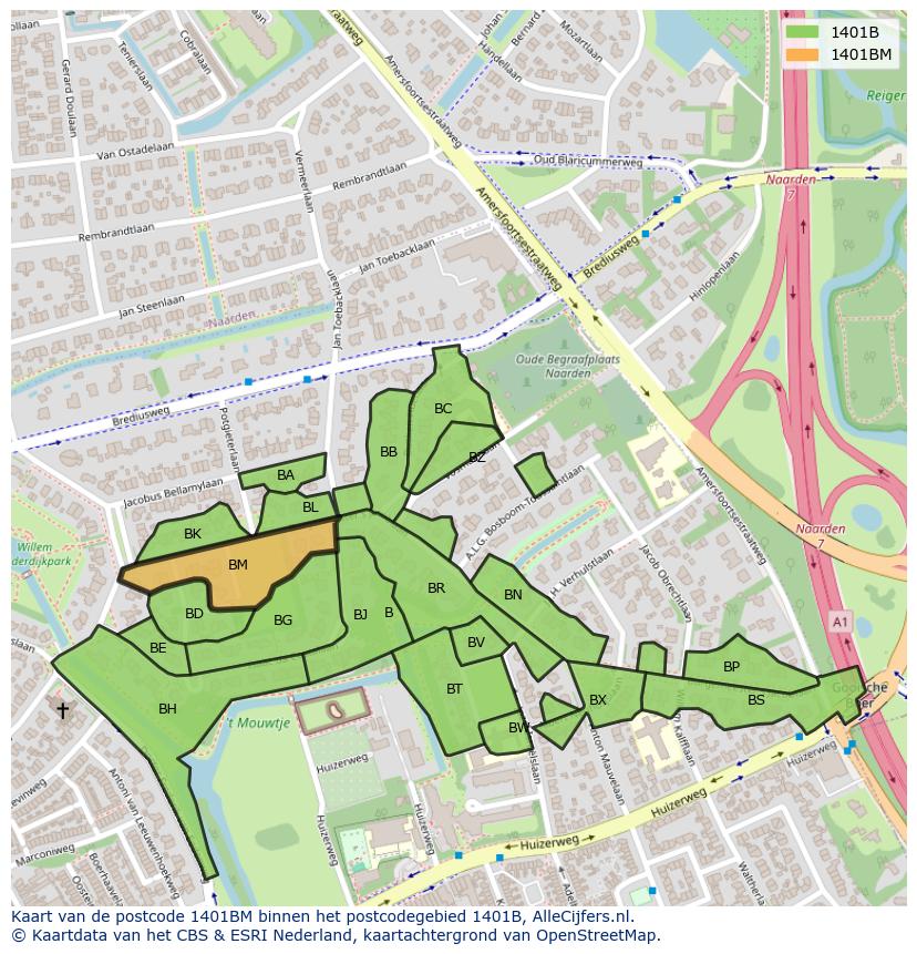 Afbeelding van het postcodegebied 1401 BM op de kaart.