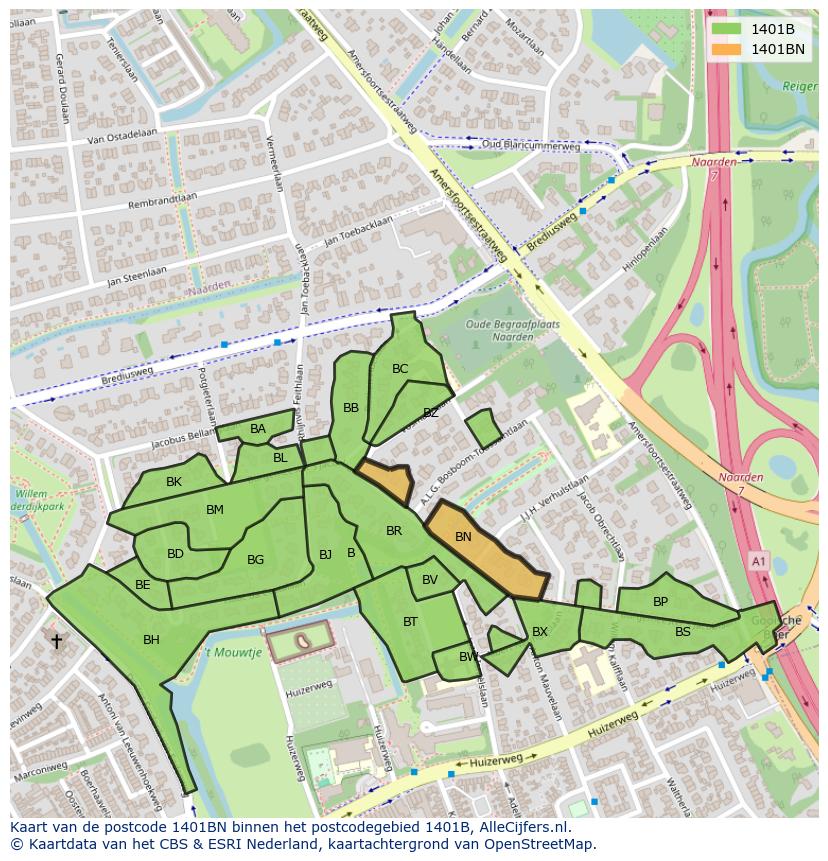 Afbeelding van het postcodegebied 1401 BN op de kaart.