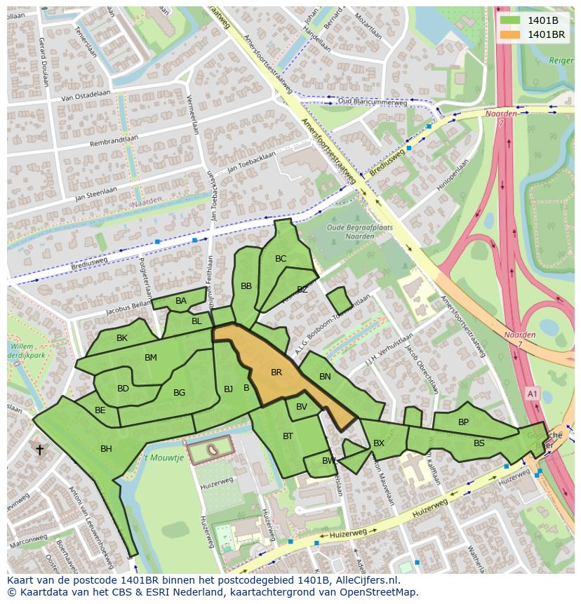 Afbeelding van het postcodegebied 1401 BR op de kaart.