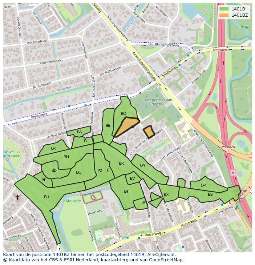 Afbeelding van het postcodegebied 1401 BZ op de kaart.
