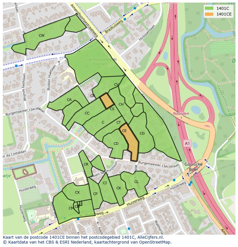 Afbeelding van het postcodegebied 1401 CE op de kaart.
