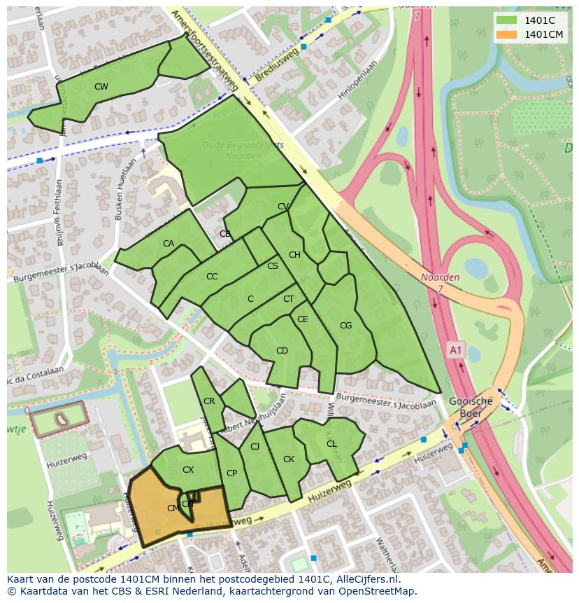 Afbeelding van het postcodegebied 1401 CM op de kaart.