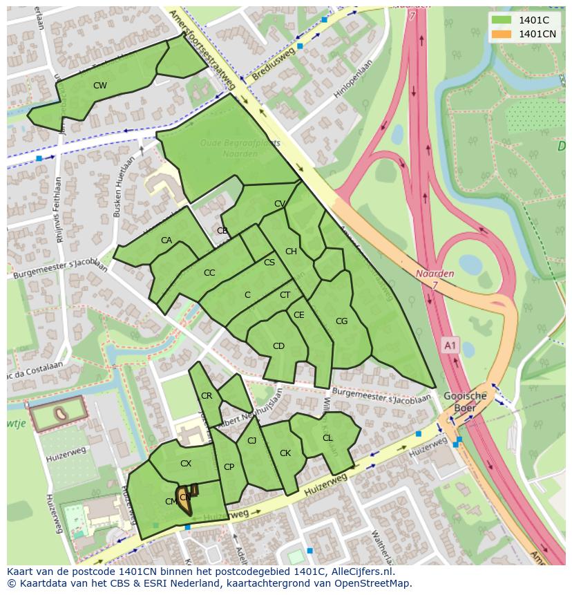 Afbeelding van het postcodegebied 1401 CN op de kaart.