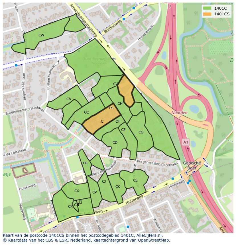 Afbeelding van het postcodegebied 1401 CS op de kaart.