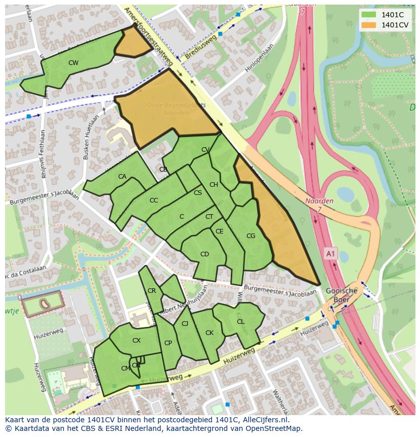 Afbeelding van het postcodegebied 1401 CV op de kaart.