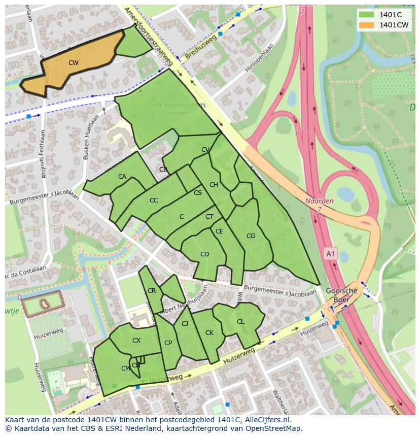 Afbeelding van het postcodegebied 1401 CW op de kaart.