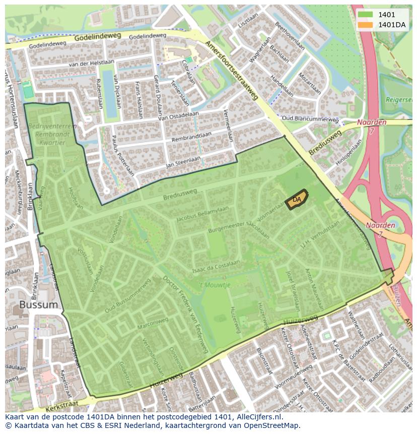 Afbeelding van het postcodegebied 1401 DA op de kaart.