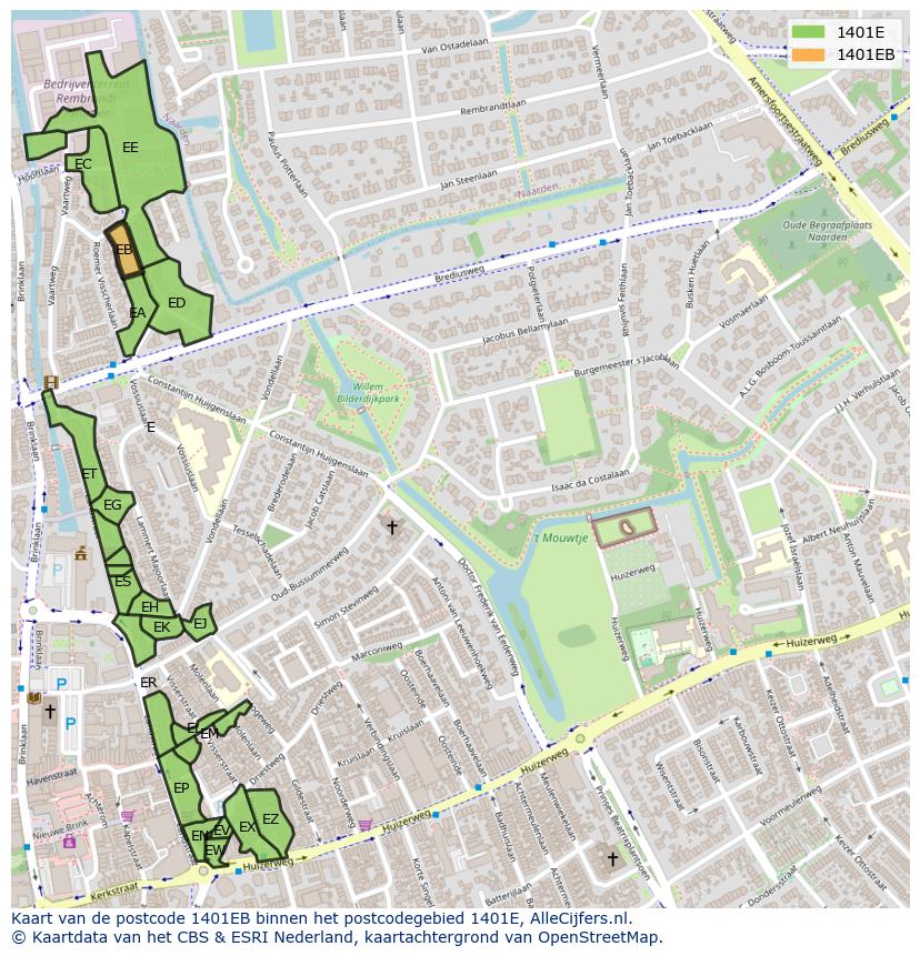 Afbeelding van het postcodegebied 1401 EB op de kaart.