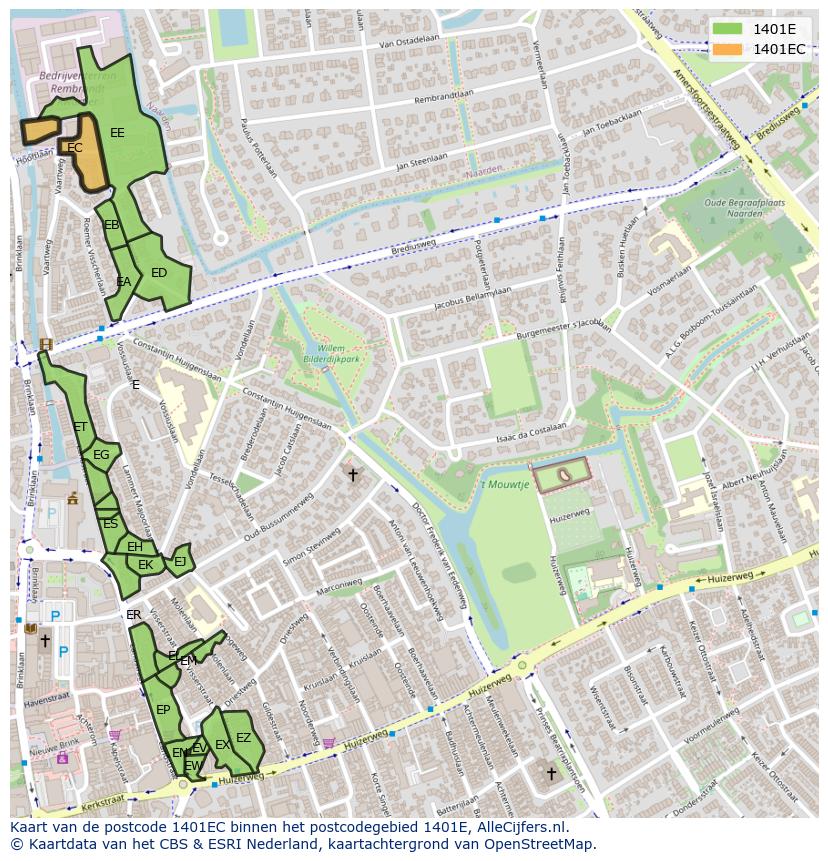 Afbeelding van het postcodegebied 1401 EC op de kaart.