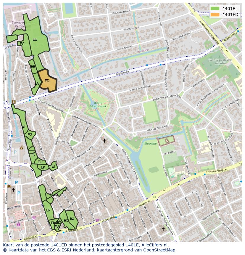 Afbeelding van het postcodegebied 1401 ED op de kaart.