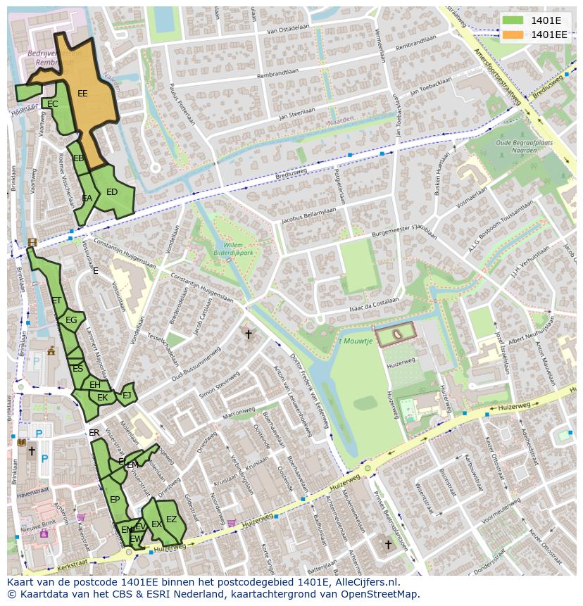 Afbeelding van het postcodegebied 1401 EE op de kaart.