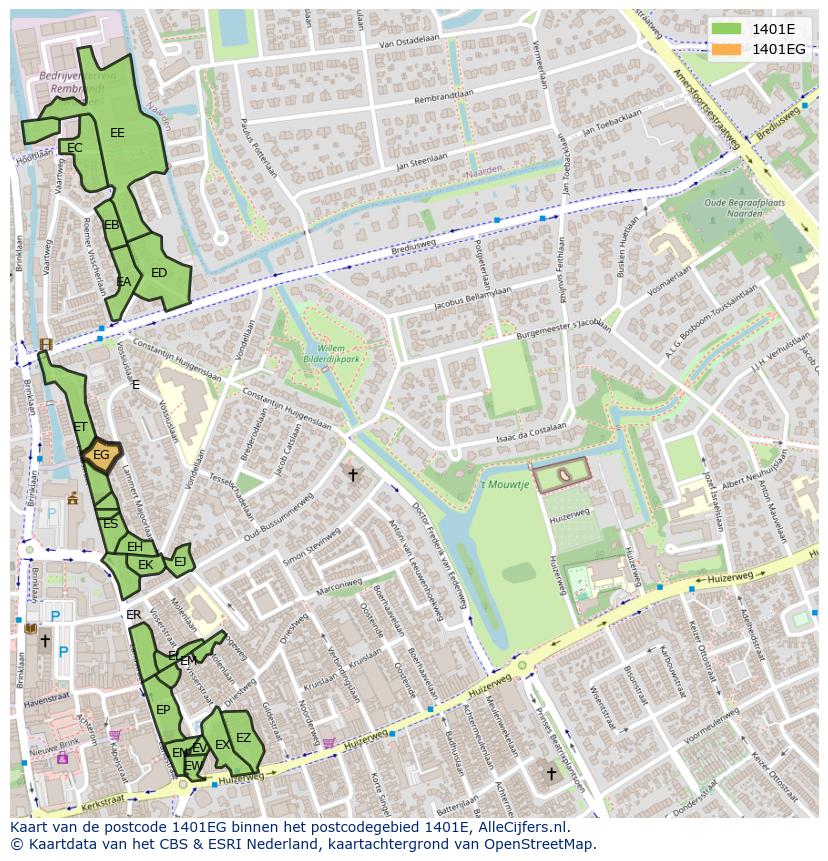 Afbeelding van het postcodegebied 1401 EG op de kaart.