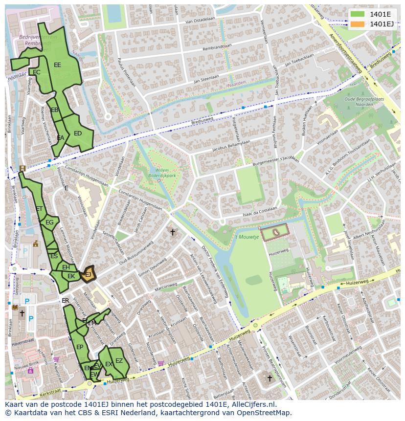 Afbeelding van het postcodegebied 1401 EJ op de kaart.