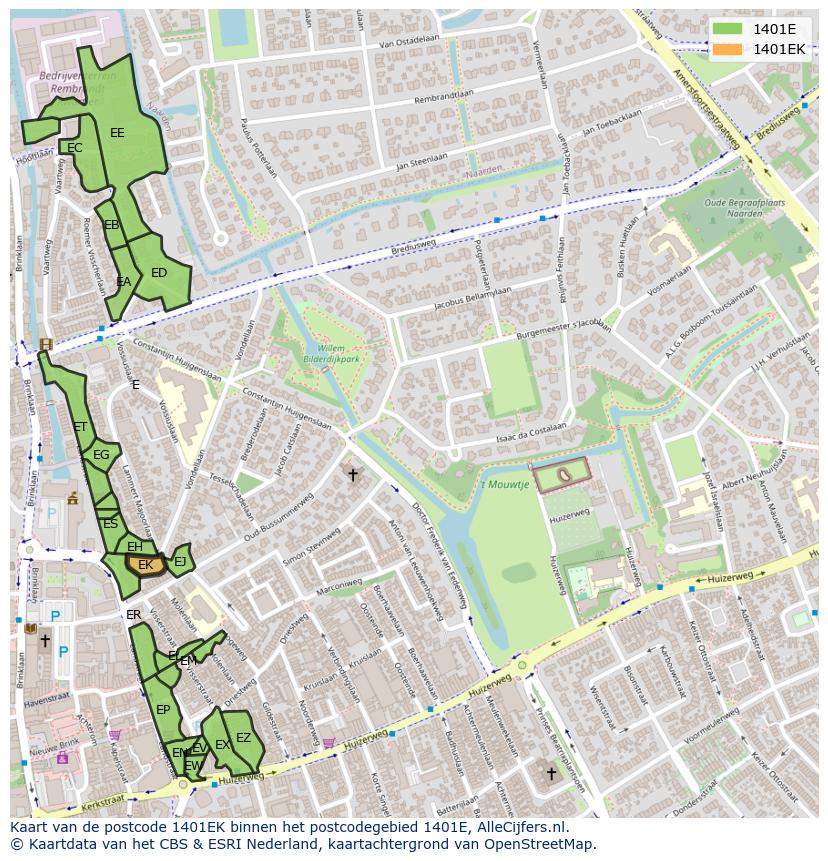 Afbeelding van het postcodegebied 1401 EK op de kaart.