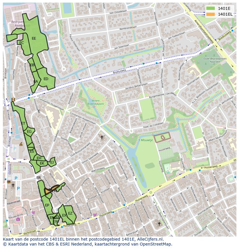 Afbeelding van het postcodegebied 1401 EL op de kaart.
