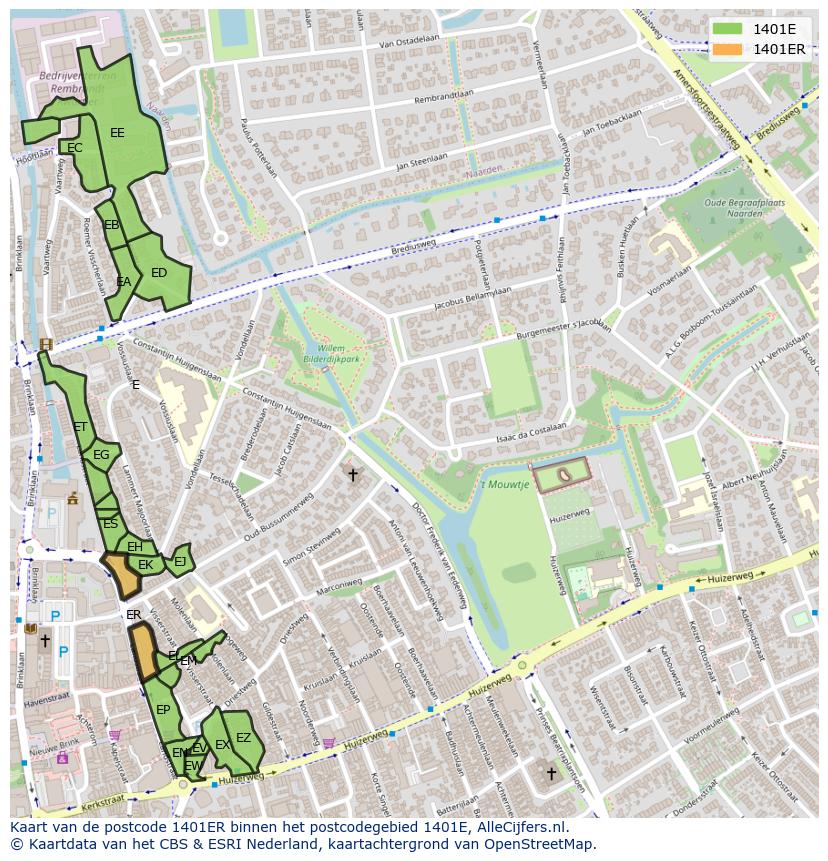 Afbeelding van het postcodegebied 1401 ER op de kaart.