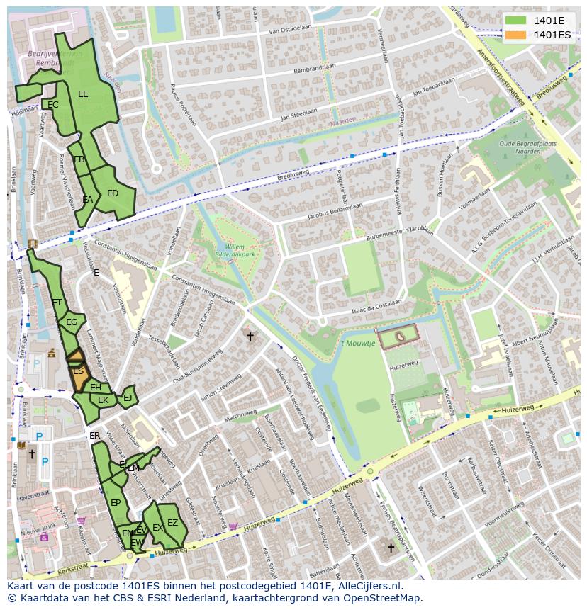 Afbeelding van het postcodegebied 1401 ES op de kaart.