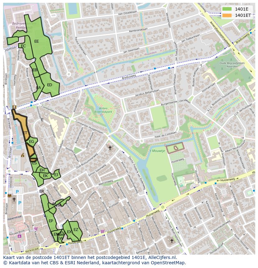 Afbeelding van het postcodegebied 1401 ET op de kaart.