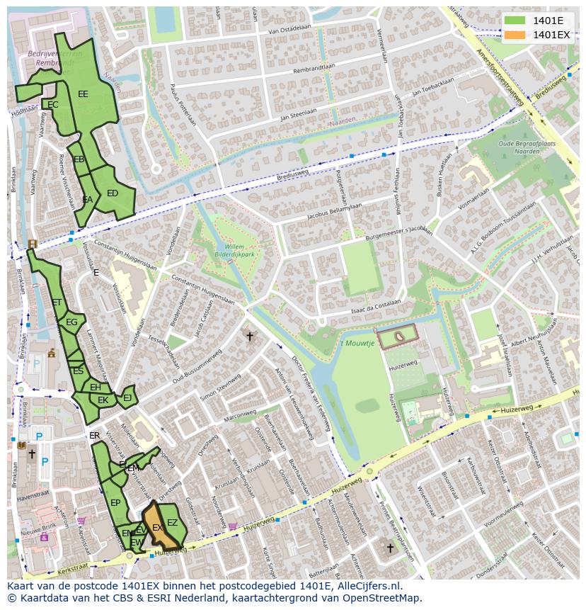Afbeelding van het postcodegebied 1401 EX op de kaart.