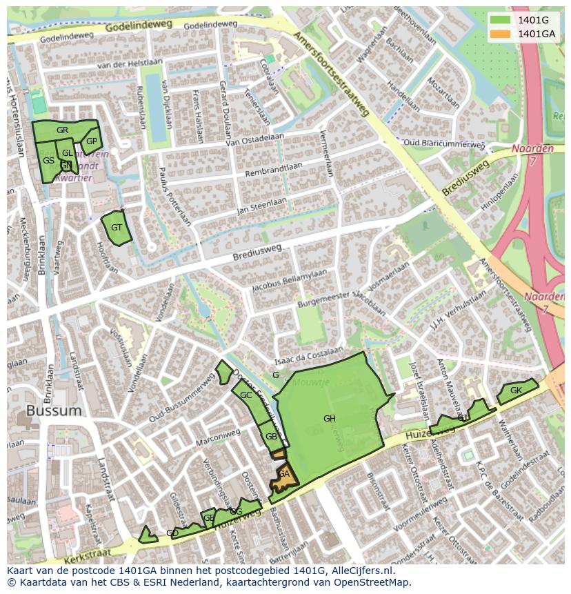 Afbeelding van het postcodegebied 1401 GA op de kaart.