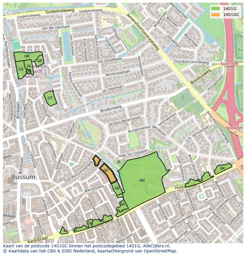 Afbeelding van het postcodegebied 1401 GC op de kaart.