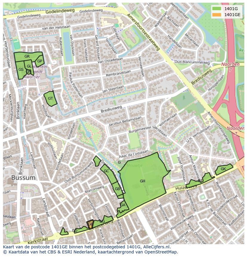 Afbeelding van het postcodegebied 1401 GE op de kaart.