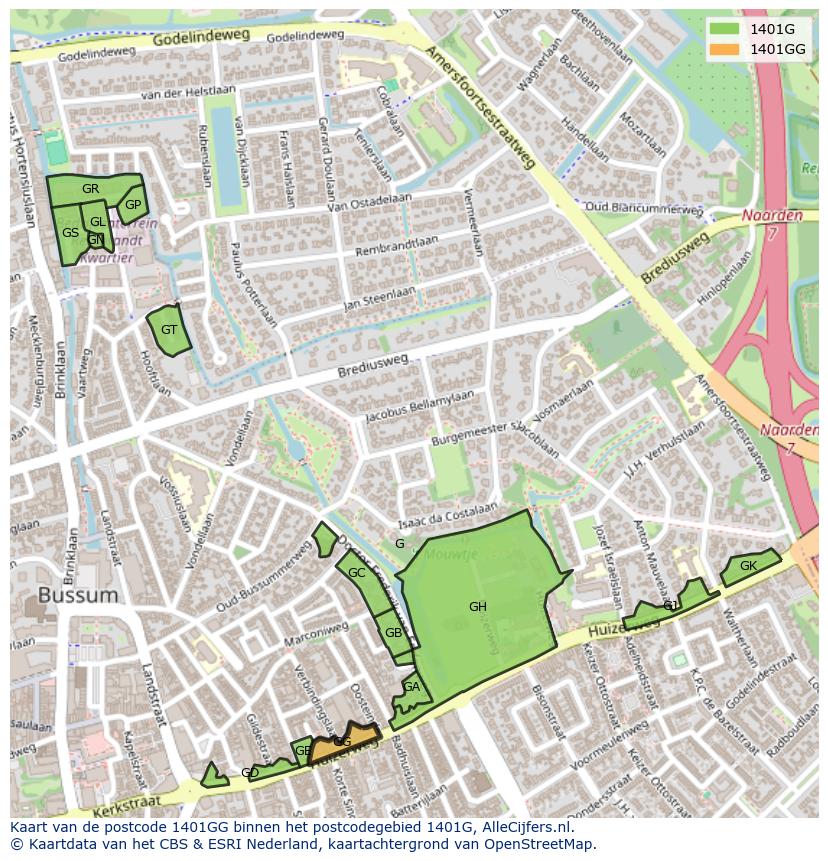 Afbeelding van het postcodegebied 1401 GG op de kaart.