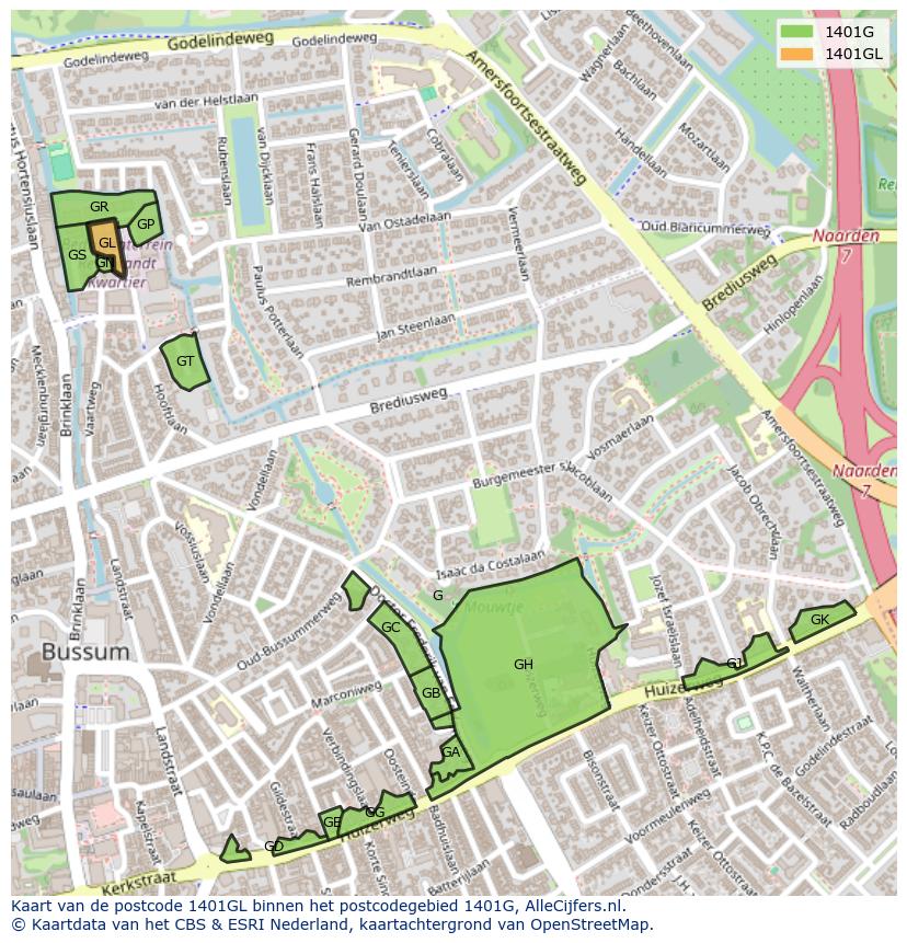 Afbeelding van het postcodegebied 1401 GL op de kaart.