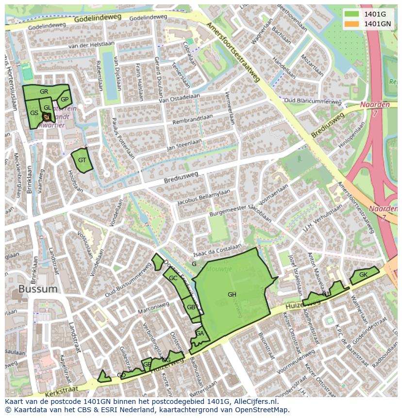 Afbeelding van het postcodegebied 1401 GN op de kaart.