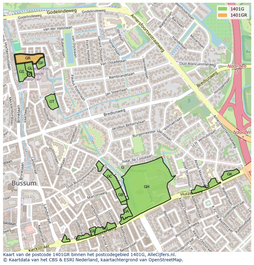 Afbeelding van het postcodegebied 1401 GR op de kaart.