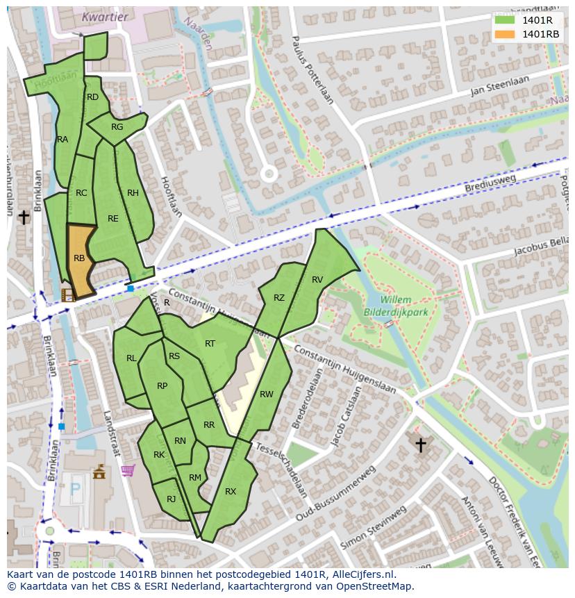 Afbeelding van het postcodegebied 1401 RB op de kaart.