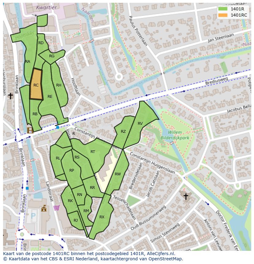 Afbeelding van het postcodegebied 1401 RC op de kaart.