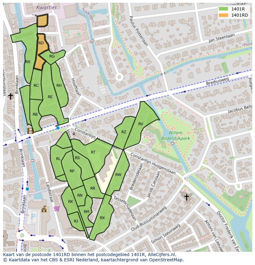 Afbeelding van het postcodegebied 1401 RD op de kaart.