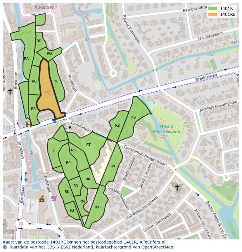 Afbeelding van het postcodegebied 1401 RE op de kaart.