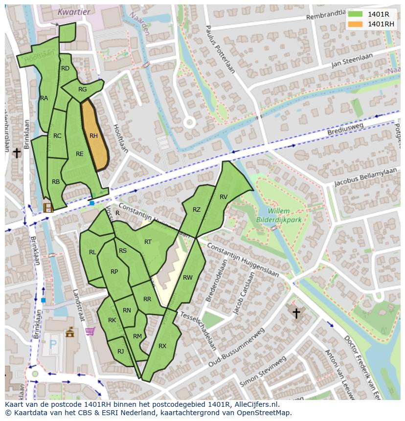 Afbeelding van het postcodegebied 1401 RH op de kaart.