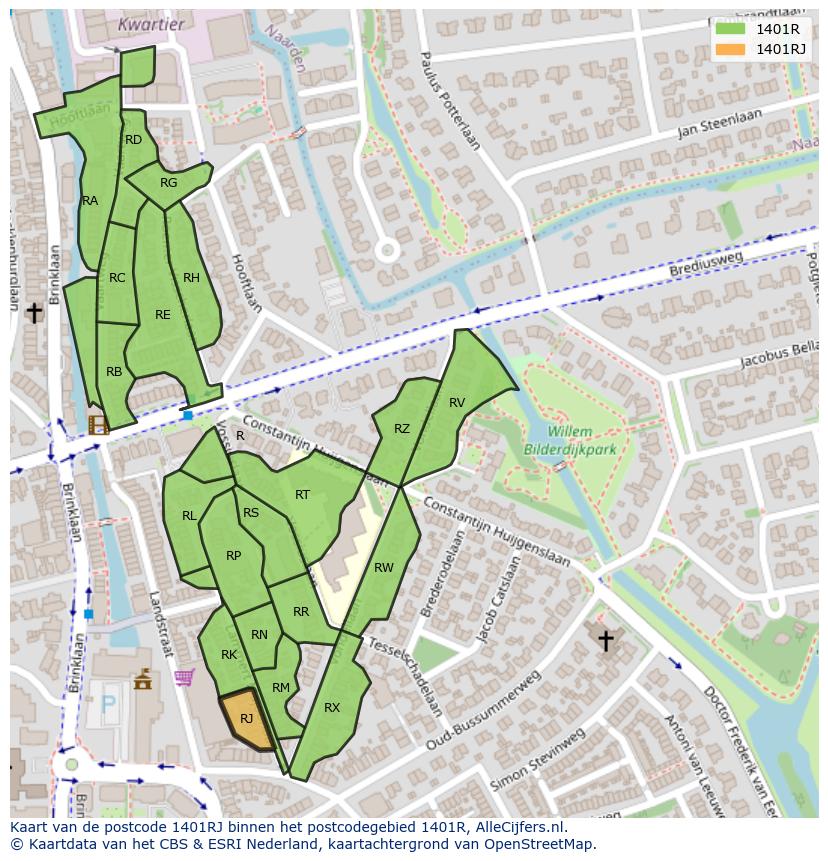 Afbeelding van het postcodegebied 1401 RJ op de kaart.