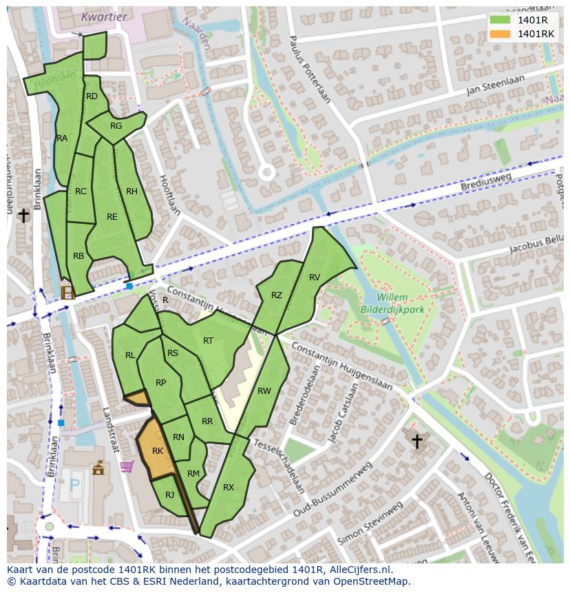 Afbeelding van het postcodegebied 1401 RK op de kaart.