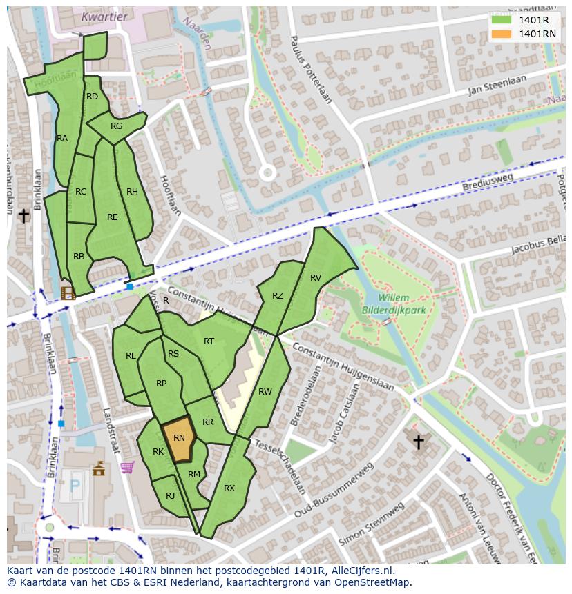 Afbeelding van het postcodegebied 1401 RN op de kaart.