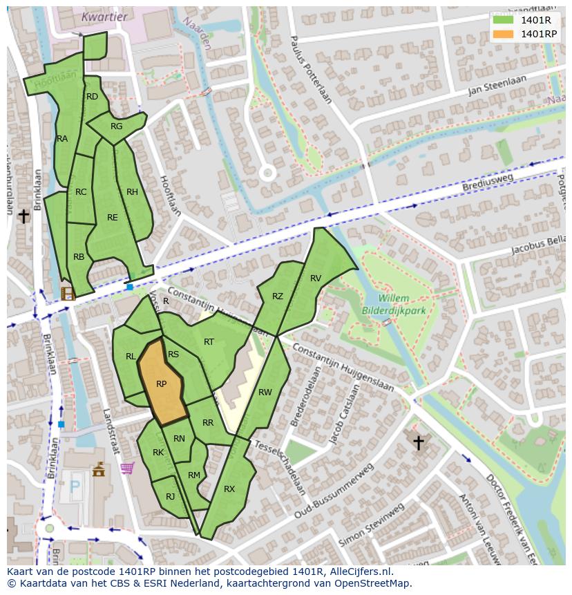 Afbeelding van het postcodegebied 1401 RP op de kaart.