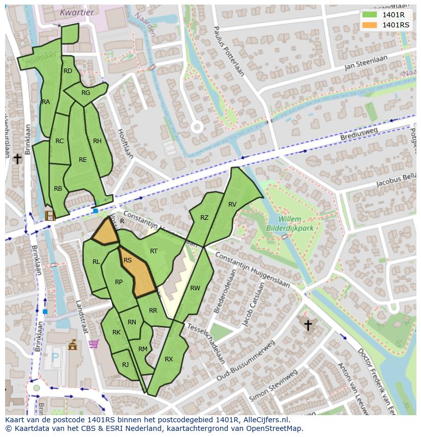 Afbeelding van het postcodegebied 1401 RS op de kaart.