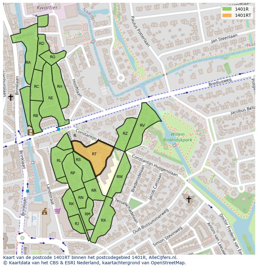 Afbeelding van het postcodegebied 1401 RT op de kaart.