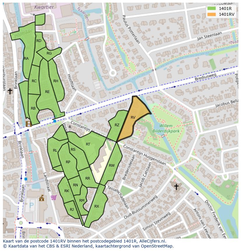 Afbeelding van het postcodegebied 1401 RV op de kaart.