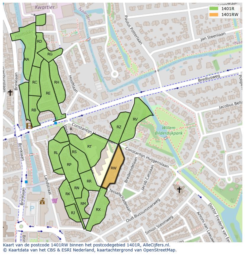 Afbeelding van het postcodegebied 1401 RW op de kaart.